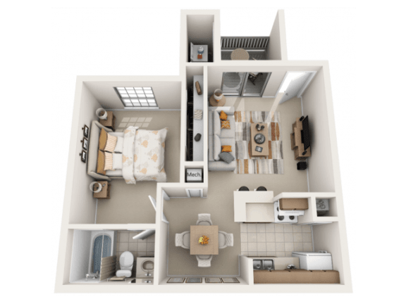 this is a 3d floor plan of a 824 square foot 1 bedroom apartment at the