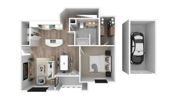 a rendering of a 3d floor plan of a house with a car
