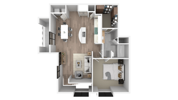 a 3d floor plan of a bedroom with a bathroom and a living room