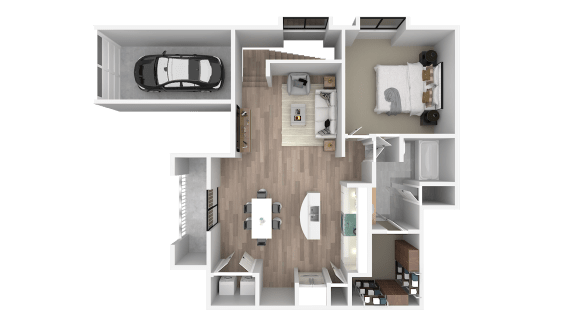 a 3d rendering of a floor plan with a car and a bedroom