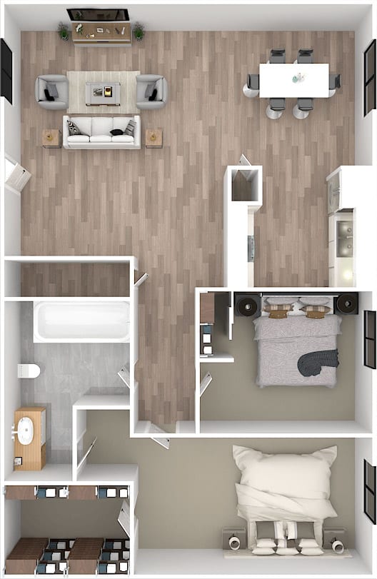 Floor Plan  a 3d floor plan of a bedroom with a bathroom and a living room