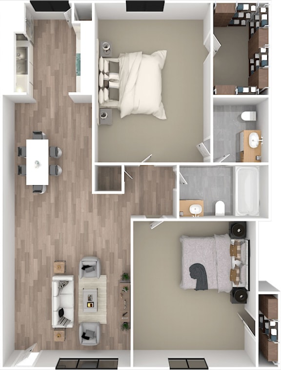Floor Plan  a 3d floor plan of a bedroom with a bathroom and a living room