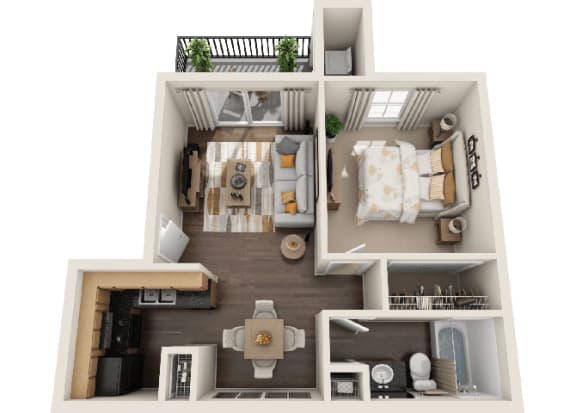 a floor plan of a one bedroom apartment with two bathrooms and a balcony