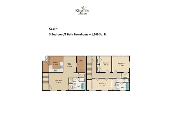 Floor Plan  a floor plan of a 3 bedroom 2 bath townhome