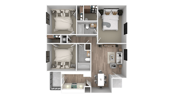 Floor Plan  A top-down view of a small apartment with a bedroom, living room, kitchen, and bathroom.