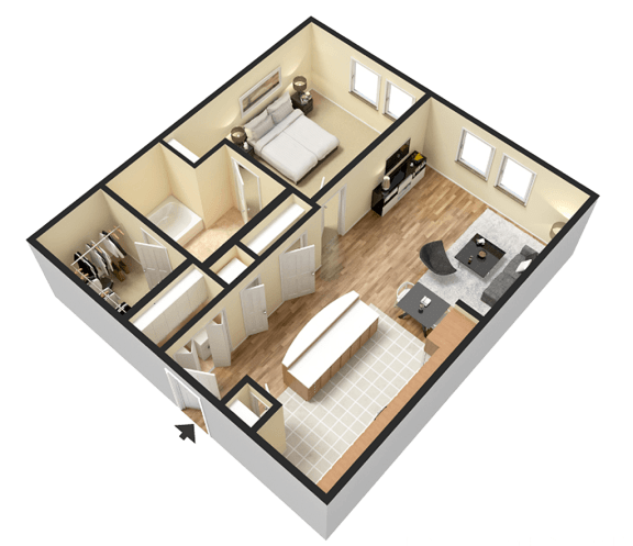 a large bedroom with a bed and a couch