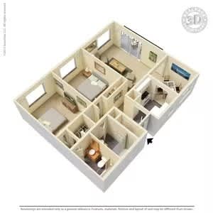 A 3D image of a house layout with rooms and furniture.