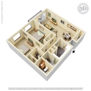 A 3D floor plan of an apartment with various rooms and furniture.