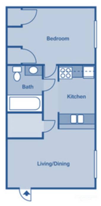 A floor plan of a small apartment with a bedroom, bathroom, kitchen, and living/dining area.