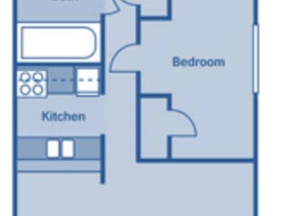 A floor plan of a small apartment with a kitchen and a bedroom.