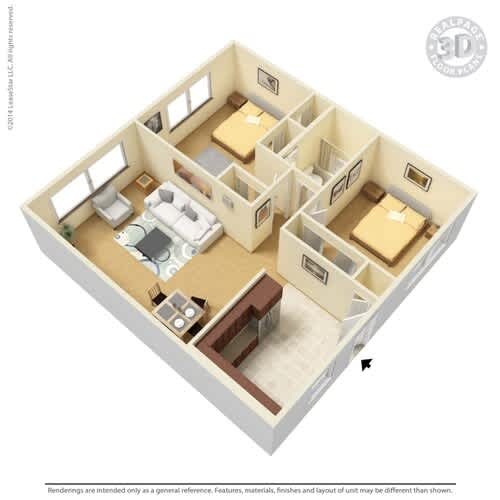 A 3D floor plan of a small apartment with a kitchen, living room, and two bedrooms.