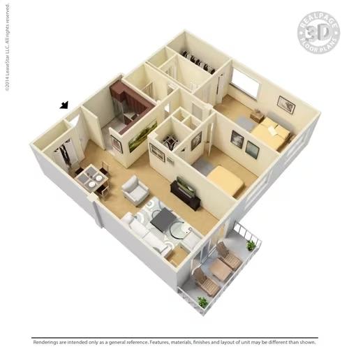 A 3D floor plan of a house layout.