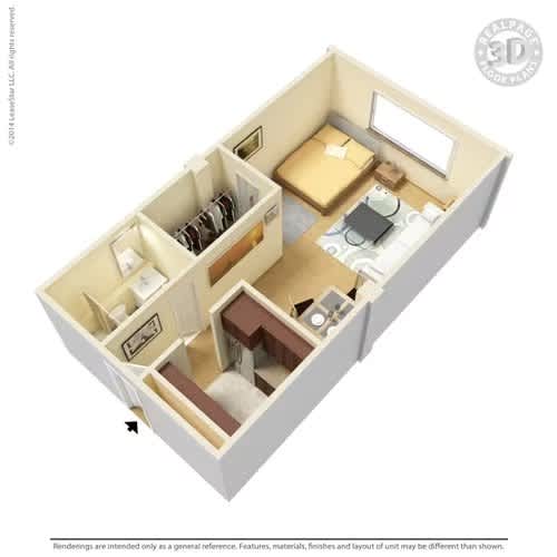 A 3D floor plan of a small apartment with a kitchen, living room, and bathroom.