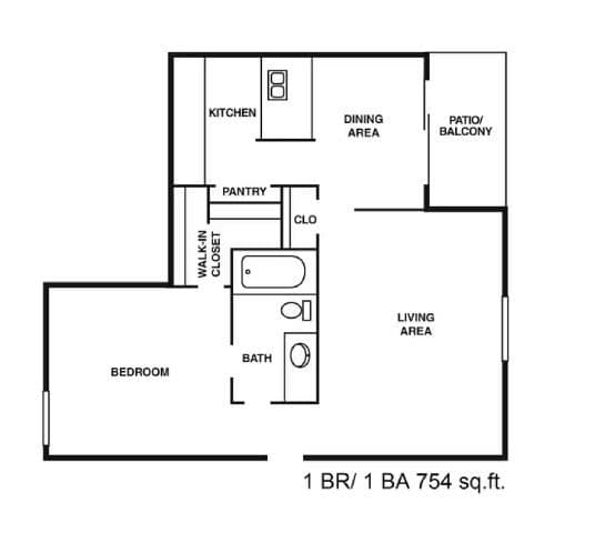 A floor plan of a one bedroom apartment.
