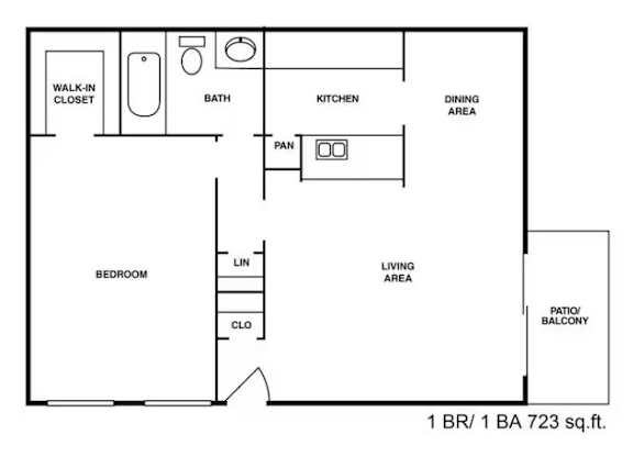 A black and white image of a floor plan for a 723 square feet home.