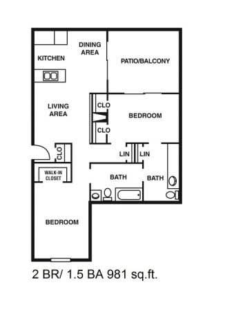 A floor plan of a one bedroom apartment.