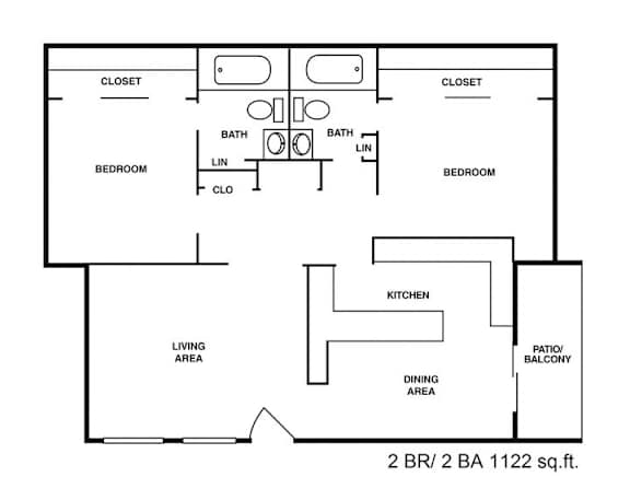A floor plan of a 2 bedroom, 2 bathroom apartment.