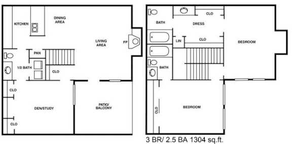 A floor plan of a 3 bedroom, 2.5 bathroom apartment.