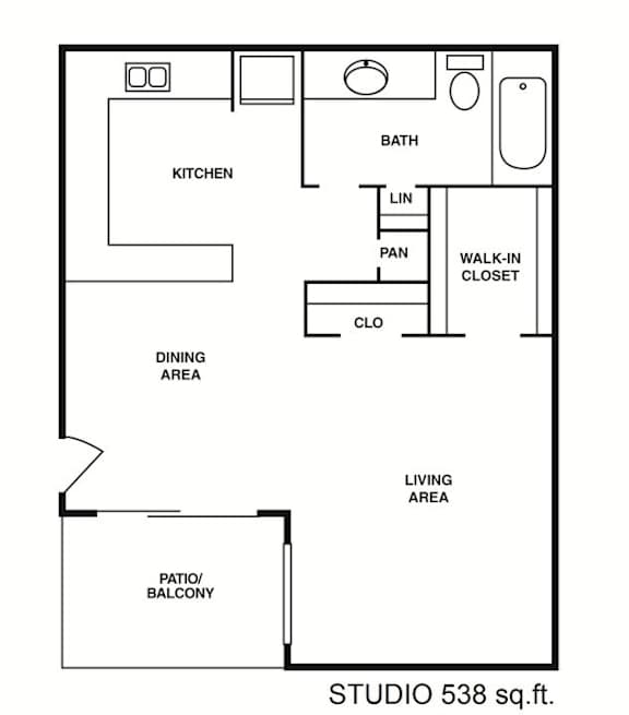 A floor plan of a studio apartment with a kitchen, dining area, living area, and bathroom.