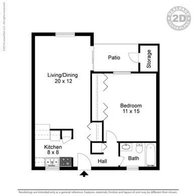 A floor plan of a small apartment with a living/dining area, kitchen, bedroom, bath, and storage.