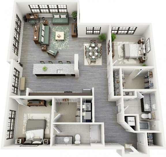 A 3D floor plan of a house with multiple rooms and furniture.