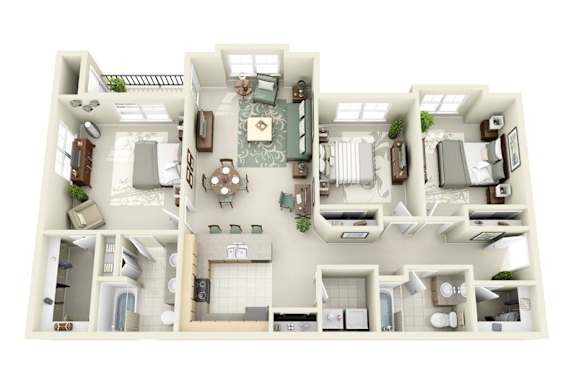 A 3D floor plan of a house with a living room, kitchen, and two bedrooms.
