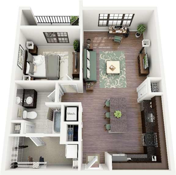 A top-down view of a living room, kitchen, and dining area.