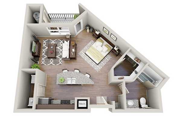A 3D rendered image of a house layout with a kitchen, living room, dining area, and bathroom.