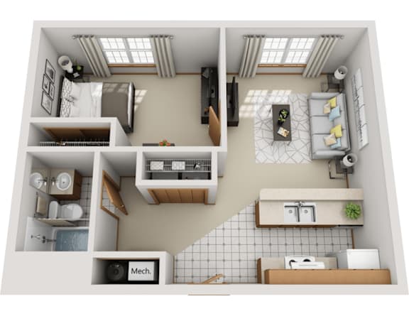 A top-down view of a small apartment with a kitchen, living room, and bathroom.