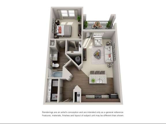 A 3D rendered image of a small apartment layout.
