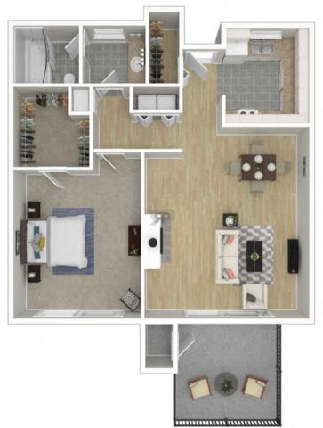 A floor plan of a house with a kitchen, living room, and two bedrooms.