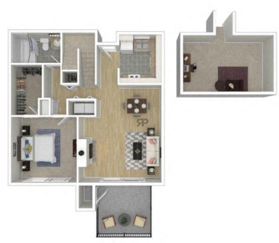 A floor plan of a house with a kitchen, living room, and two bedrooms.