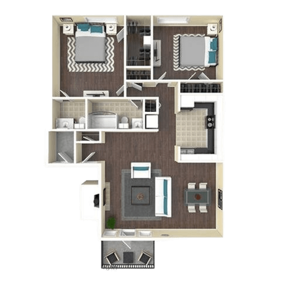 A 3D floor plan of a house showing a kitchen, living room, and two bedrooms.