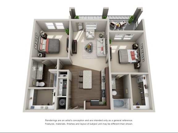 A 3D rendered image of a small apartment layout.