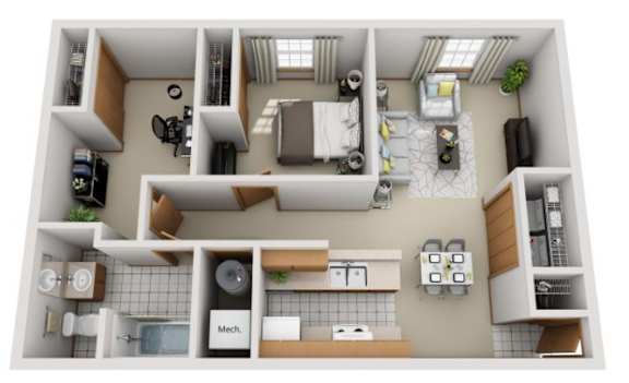 A top-down view of a small apartment with a kitchen, living room, and bathroom.