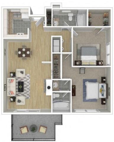 A floor plan of a small apartment with a kitchen, living room, and bathroom.