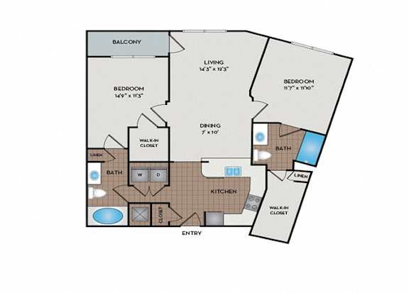 A floor plan of a home with a balcony, two bedrooms, a living room, a dining room, a kitchen, an entry, a laundry area, and a bathroom.