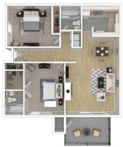 A floor plan of a small apartment with a kitchen, living room, and bathroom.