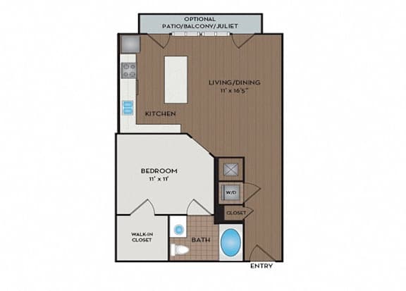 A floor plan of a small apartment with a kitchen, living room, and bathroom.