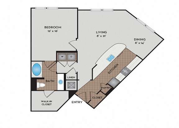 A floor plan of a small apartment with a bedroom, living room, dining room, kitchen, and bathroom.