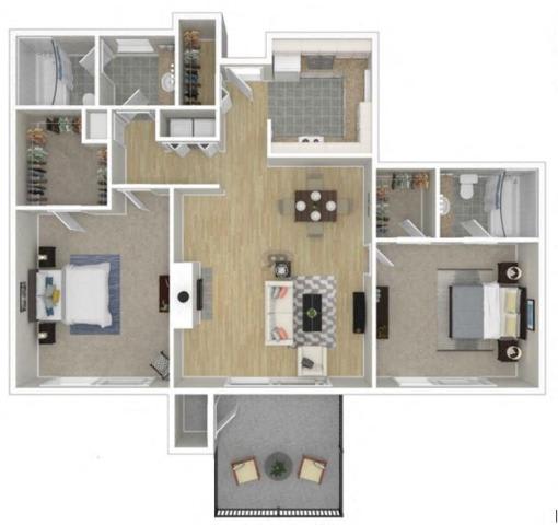 A floor plan of a house with a kitchen, living room, and two bedrooms.