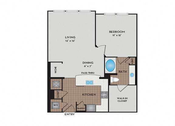 A floor plan of a small apartment with a living room, bedroom, kitchen, and bathroom.