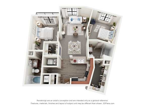 A 3D floor plan of a house with a kitchen, living room, and two bedrooms.
