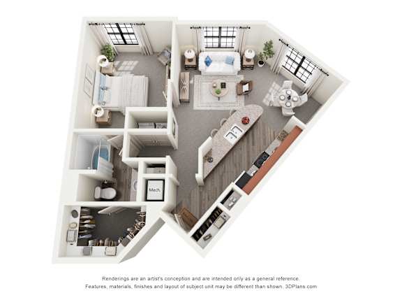 A 3D floor plan of a house with a kitchen, living room, and two bedrooms.