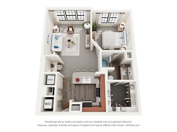 A 3D floor plan of a small apartment with a kitchen, living room, and bathroom.
