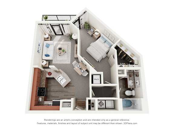 A 3D floor plan of a house with a kitchen, living room, and bathroom.