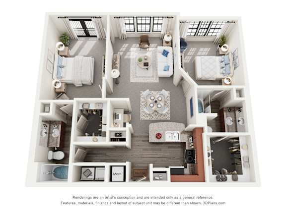 A 3D floor plan of a house with a kitchen, living room, and two bedrooms.