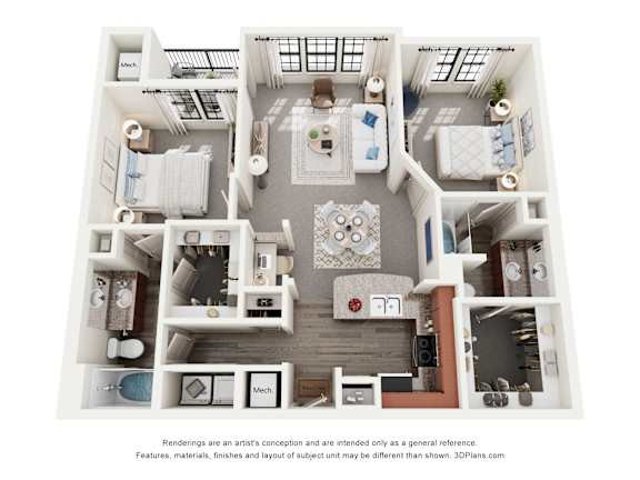 A 3D floor plan of a house with a living room, kitchen, and two bedrooms.