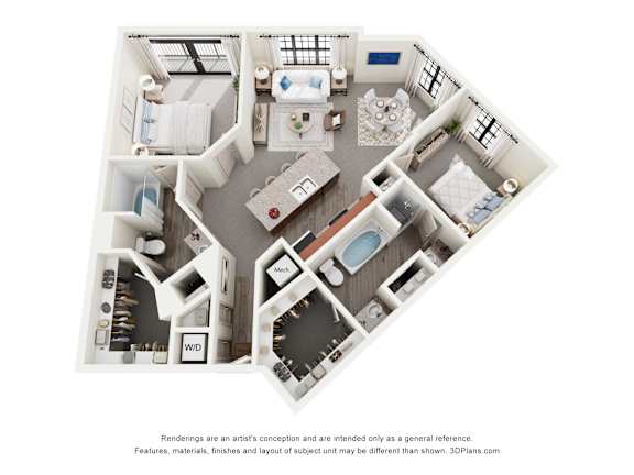 A 3D floor plan of a house with labeled rooms.