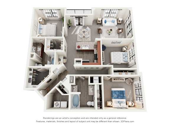 A 3D floor plan of a house with a kitchen, living room, bedrooms and bathrooms.